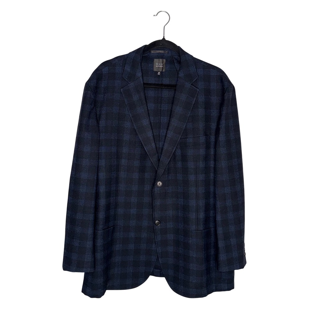 Saks Fifth Avenue BLACK Blazer Mens 46 Navy Blue Excellent Wool Plaid Sport Coat